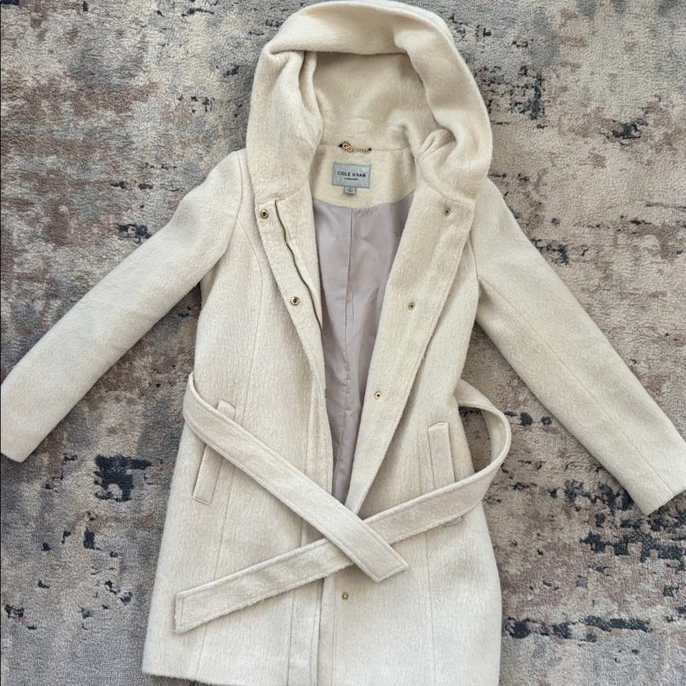 Cole Haan Cream Hooded Belted Wool Blend Coat - Picture 1 of 7